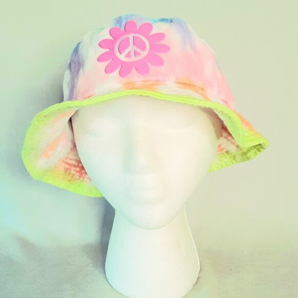 Sugar Jade Bucket Hat One Size Multicolor Pastel Tie Dye Pink Flower Peace Sign - Picture 1 of 9